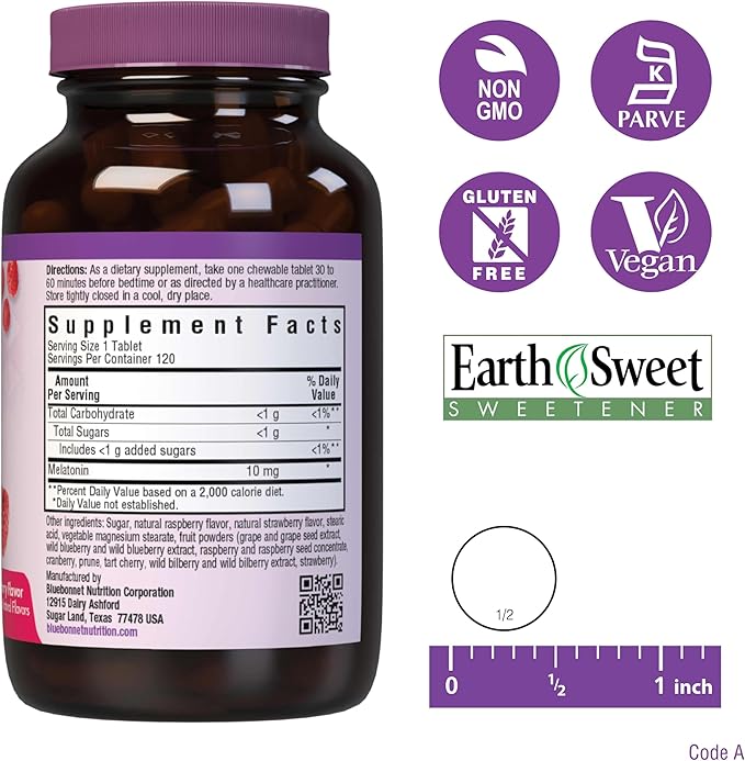 BlueBonnet Nutrition EarthSweet Melatonin 10 mg Fast-Acting Quick Dissolve Nighttime Relaxation & Restful Sleep Support - Sleep Aid - Gluten-Free, Vegan - Raspberry Flavor - 120 Chewable Tablets