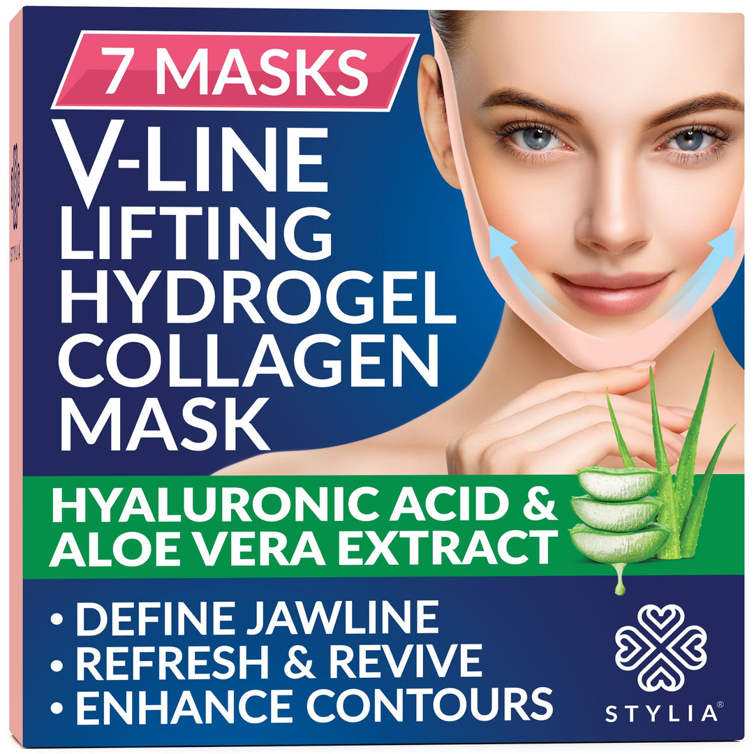 Stylia V-Line Lifting Collagen Face Mask with Hyaluronic Acid & Aloe Vera - Spa Quality Double Chin Strap - Collagen Mask for Women - Jawline Shaper Face Lift Tape - Chin Strap for Sleeping - 7PC