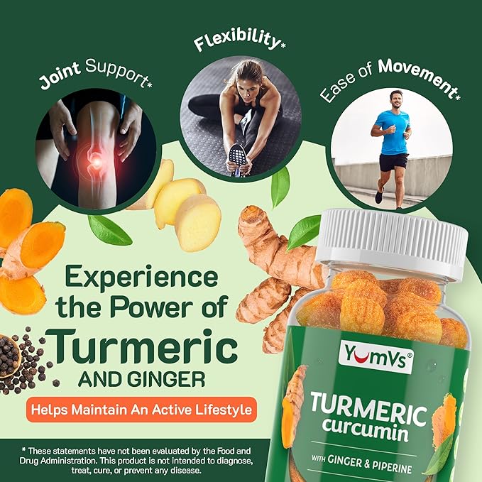 YumV's Turmeric Gummies with Ginger and Piperine - Peach Flavored Gluten Free Vegetarian Turmeric Ginger Supplement with Black Pepper
