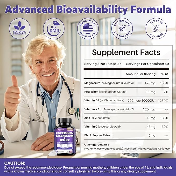 Magnesium Potassium Vitamin D3 K2 10000IU Supplement - Supports Bone, Heart, Immune Health, Mood Balance & Energy for Women & Men - Enhanced Absorption, Non-GMO - 60 Capsules