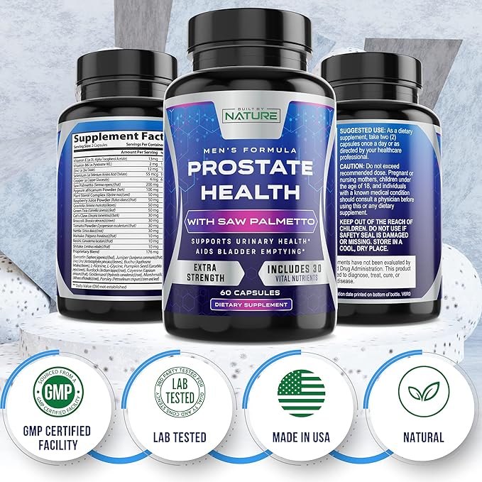 Built by Nature Saw Palmetto for Men - Prostate Health Supplement Extract, Non-GMO, Gluten-Free, Supports Prostate & Urinary Health, Aids Bladder Emptying, 60 Capsules