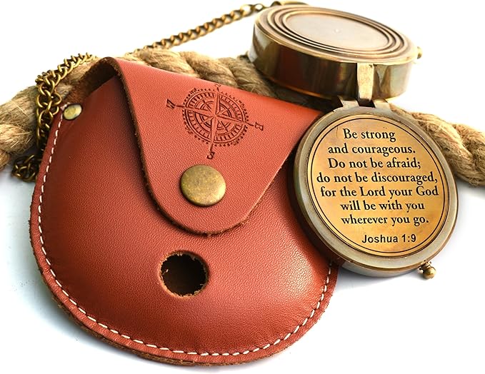 Be Strong and Courageous (Joshua 1:9) Brass Compass with wooden Box-Engraved Scripture Prayer Compass Religious Gift for Men & Women - Baptism, Confirmation, Communion Compass for Boys Graduation Gift