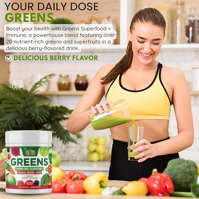 Greens Immune Support, Berry Superfood Blend Organic Vegan Greens + Reds Amazing Taste Mixed Berry Natural Flavor 270g (9.5 Oz) Detox, Gluten Free, Dietary Supplement