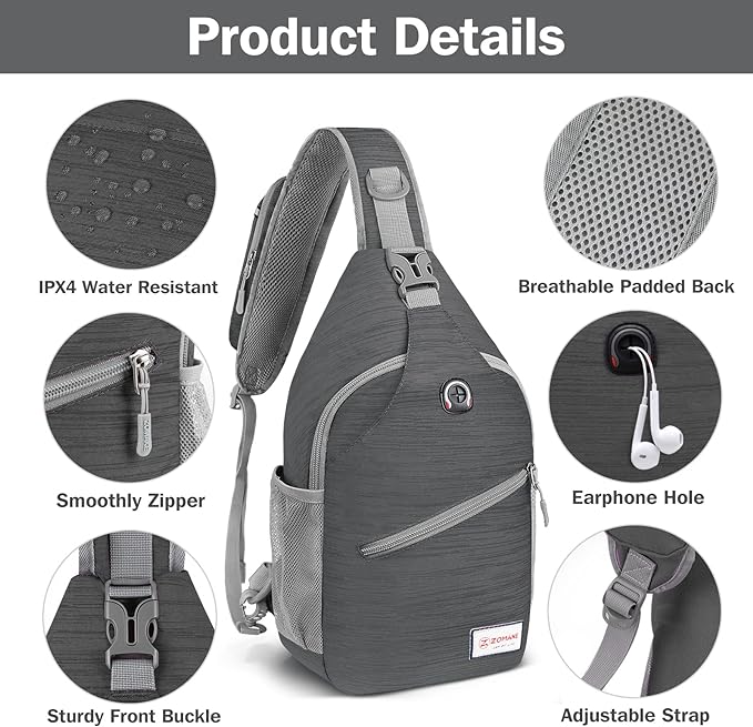 ZOMAKE Sling Bag for Women Men, Small Crossbody Sling Backpack, Mini Water Resistant Shoulder Daypack for Travel, Anti Thief Chest Bag for Hiking, Sports, Black(Stripe)