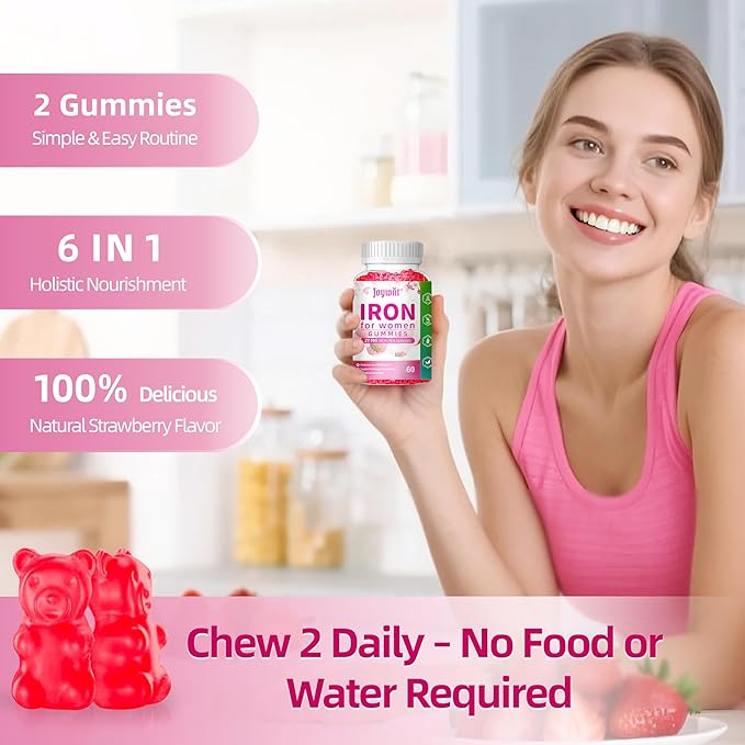 Iron Gummies for Women - Strawberry Flavored Blood Builder Iron Supplement with Vitamin C,E, B & Folic Acid - Health Blood & Energy Support for Iron Deficiency - Gentle Support, Daily Wellness|60 ct