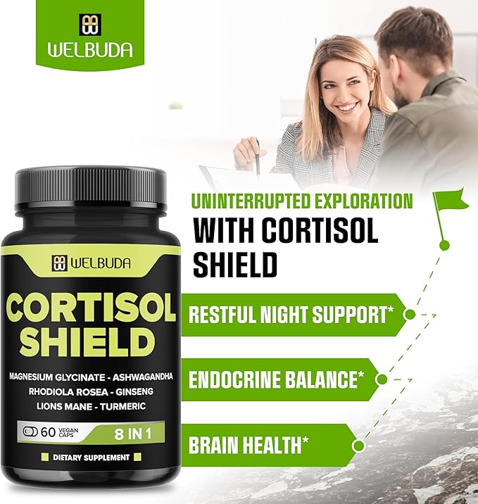 8in1 Cortisol Shield - Ashwagandha and Magnesium, Rhodiola Rosea, Lions Mane, Gingsen, and 3 More - Relaxation & Restful Night Support & Mood Balance - 60 Count