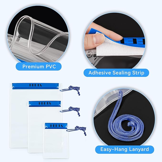 HEETA 5-Pack Clear Waterproof Dry Bag, Water Tight Cases Pouch Dry Bags for Camera Mobile Phone Maps, Kayaking Boating Document Holder