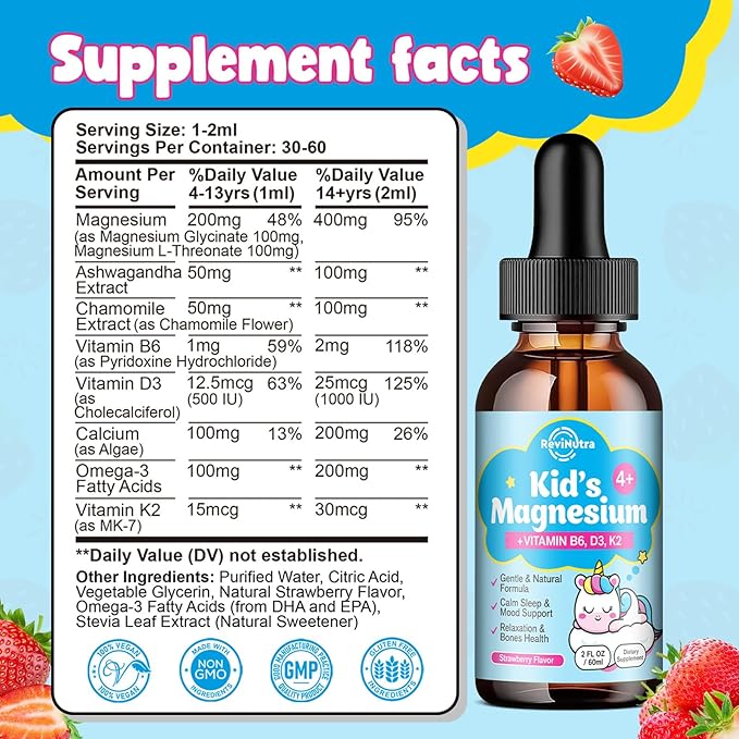 Kids Magnesium Glycinate Liquid Drops with L-Threonate, Omega-3, Ashwagandha, Vitamin B6, D3, K2, Calcium & Chamomile - Magnesium Drops for Kids Sleep, Calm, Focus, Brain & Mood - Strawberry Flavor