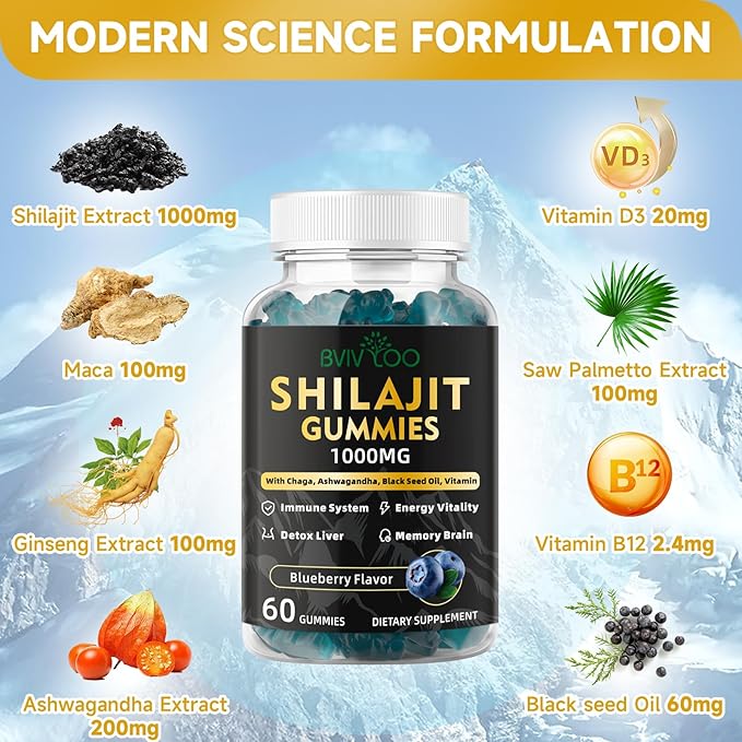 2 Packs Pure Himalayan Shilajit Gummies for Men & Women - Sugar-Free Shilajit Supplement Rich in 85+ Trace Minerals & Fulvic Acid, Providing Energy, Brain, and Immunity Support - 120 Gummies