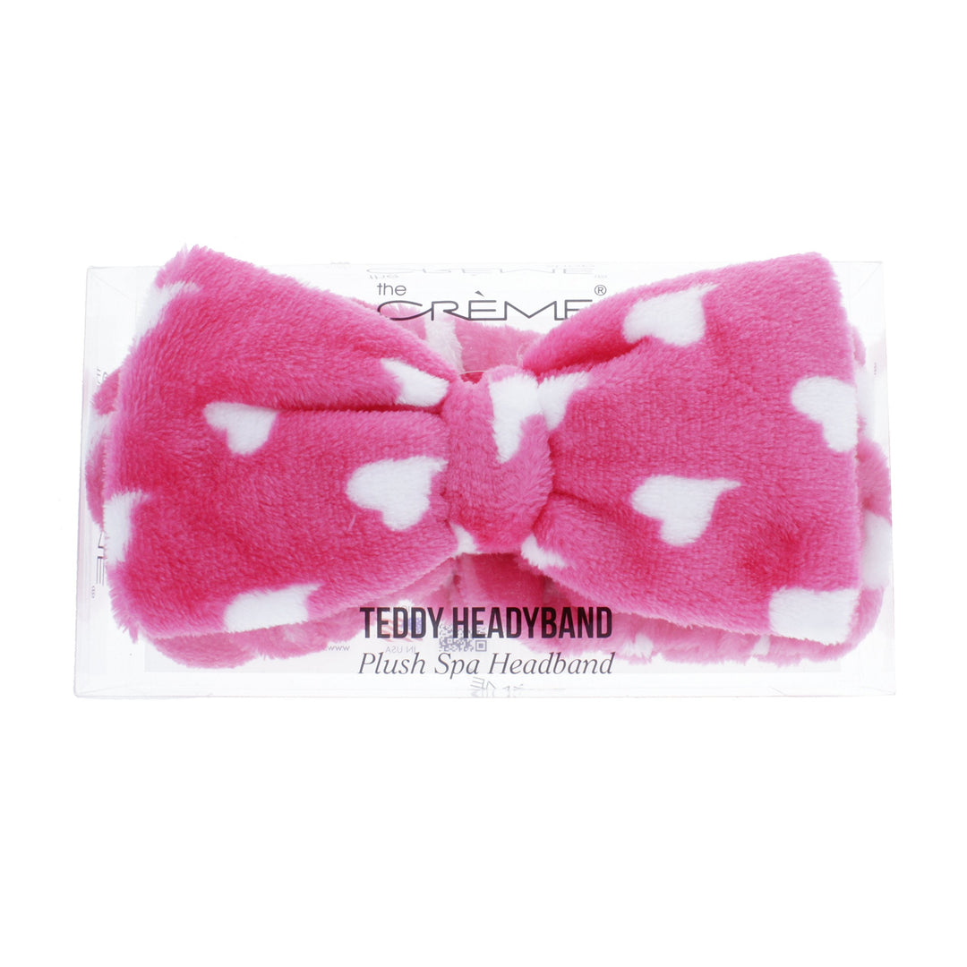 The Crème Shop – Hot Pink Teddy Headyband with White Hearts For Makeup Hair Hold Band