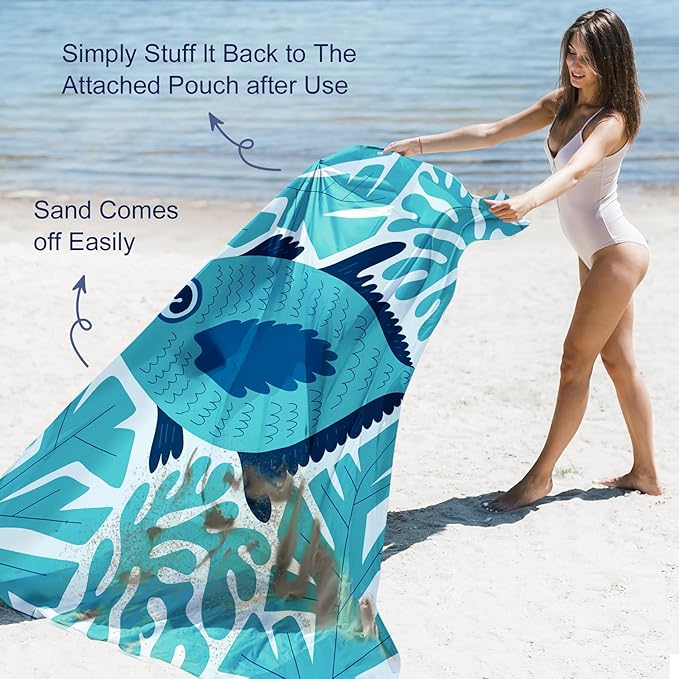 Large Beach Blanket Waterproof Sandproof 79"x 83" for 1-4 Adults,Quick Drying Beach Mat,Lightweight & Durable,Beach Essentials for Family Beach Camping Travel Picnic(Green Fish)