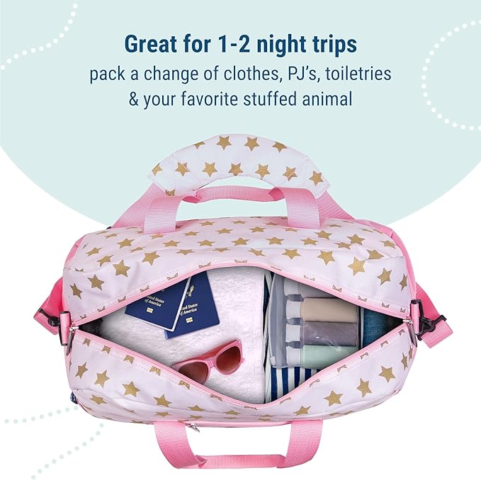 Wildkin Kids Overnighter Duffel Bag – Carry-On Size, Ideal for School & Sleepovers – Pink and Gold Stars