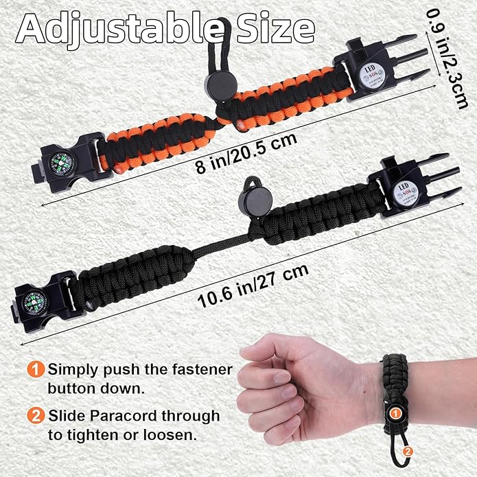 Adjustable Survival Paracord Bracelet, 2 Pack Emergency Fire Starter Kit with Loud Whistle Compass Light Flint Steel for Hiking Fishing Hunting, Tactical Gear Equipment Multitools