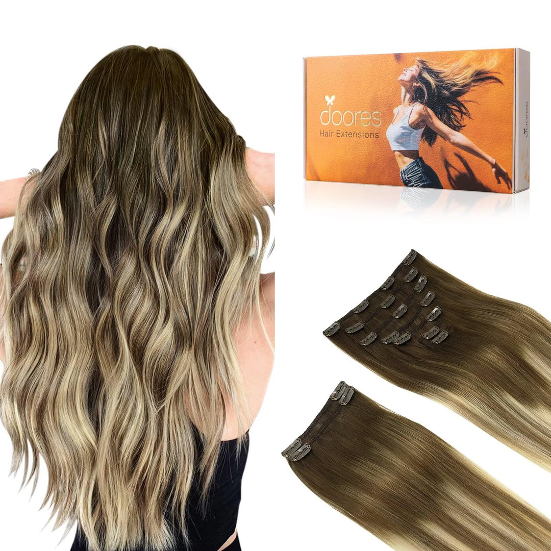 Doores Human Hair Extensions Clip In, Balayage Walnut Brown To Ash Brown And Bleach Blonde 150G 9Pcs 22 Inch, Clip In Hair Exten