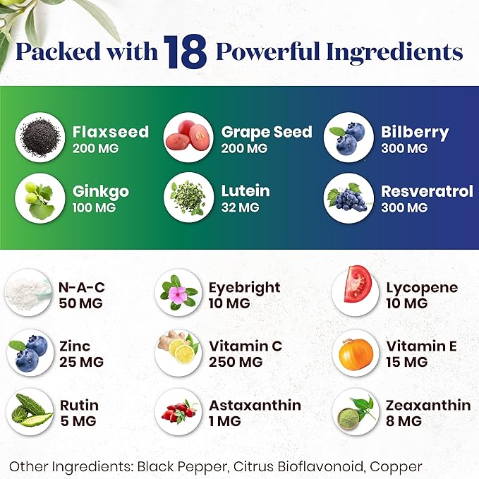 Superfood MD Eye Health Vitamins with Bilberry Lutein & Zeaxanthin Lycopene Resveratrol Grape Seed Extract Astaxanthin - AREDS 2 - Eye Vitamin - 180 Capsules