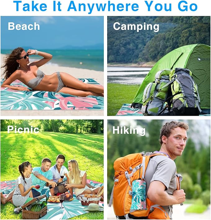 Beach Blanket, Waterproof Sandproof Beach Mat Oversized 79 X 83 Inch for 4-6 Adults, Lightweight Picnic Blanket, Portable Picnic Mat for Outdoor Travel Camping Hiking with 4 Stakes & 4 Corner Pocket