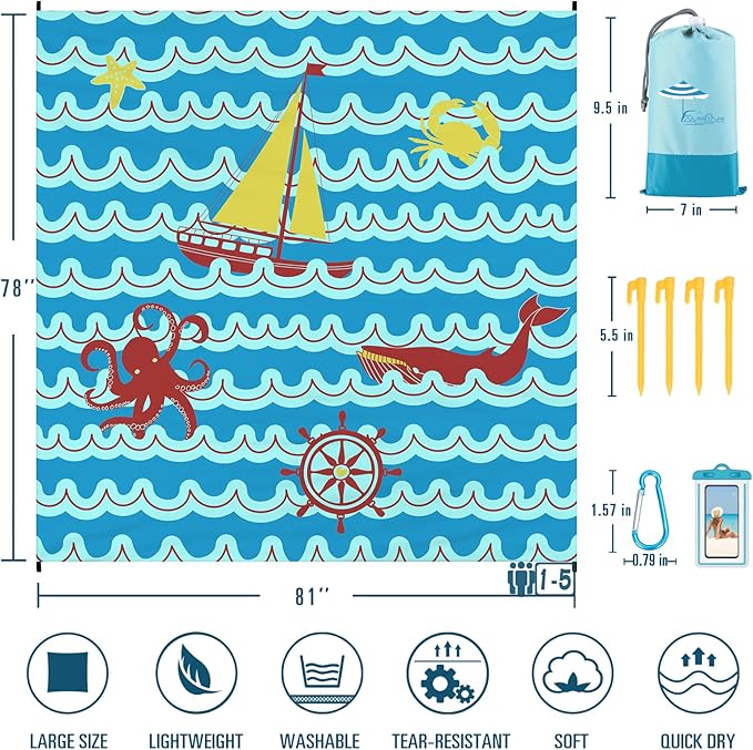 Beach Blanket Sandproof Waterproof 78''×81''1-5Adults Oversized,Compact Lightweight Durable Beach Mat for Travel Camping Hiking Picnic Blanket