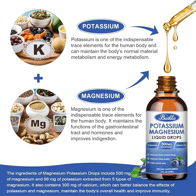 Potassium Magnesium Supplement - High Absorption Magnesium Complex 500mg & Potassium 99mg Plus Calcium, Vitamin D3, Zinc, Sugar Free Drops Supplement for Leg Cramps, Energy, Metabolism(Blueberry)