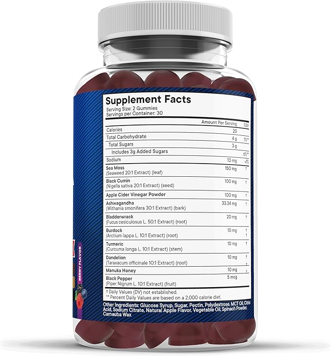Sea Moss Gummies, Sea Moss, Black Seed, Ashwagandha, Turmeric, Manuka Honey, ACV, Dandelion, Black Pepper, Burdock, Bladderwrack, Vegan- 180 Count