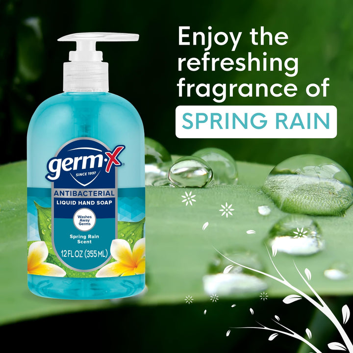 Germ-X Antibacterial Hand Soap, Moisturizing Liquid Hand Wash for Kitchen or Bathroom, pH Balanced & Dermatologist Tested, Spring Rain, 12 oz Pump Bottle (Pack of 4)