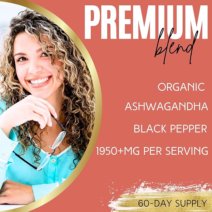 Ashwagandha Supplements - Stress Relief - 1950mg – Ashwagandha for Women Made with Powder & Black Pepper – 180 Capsules – Formulated for Women