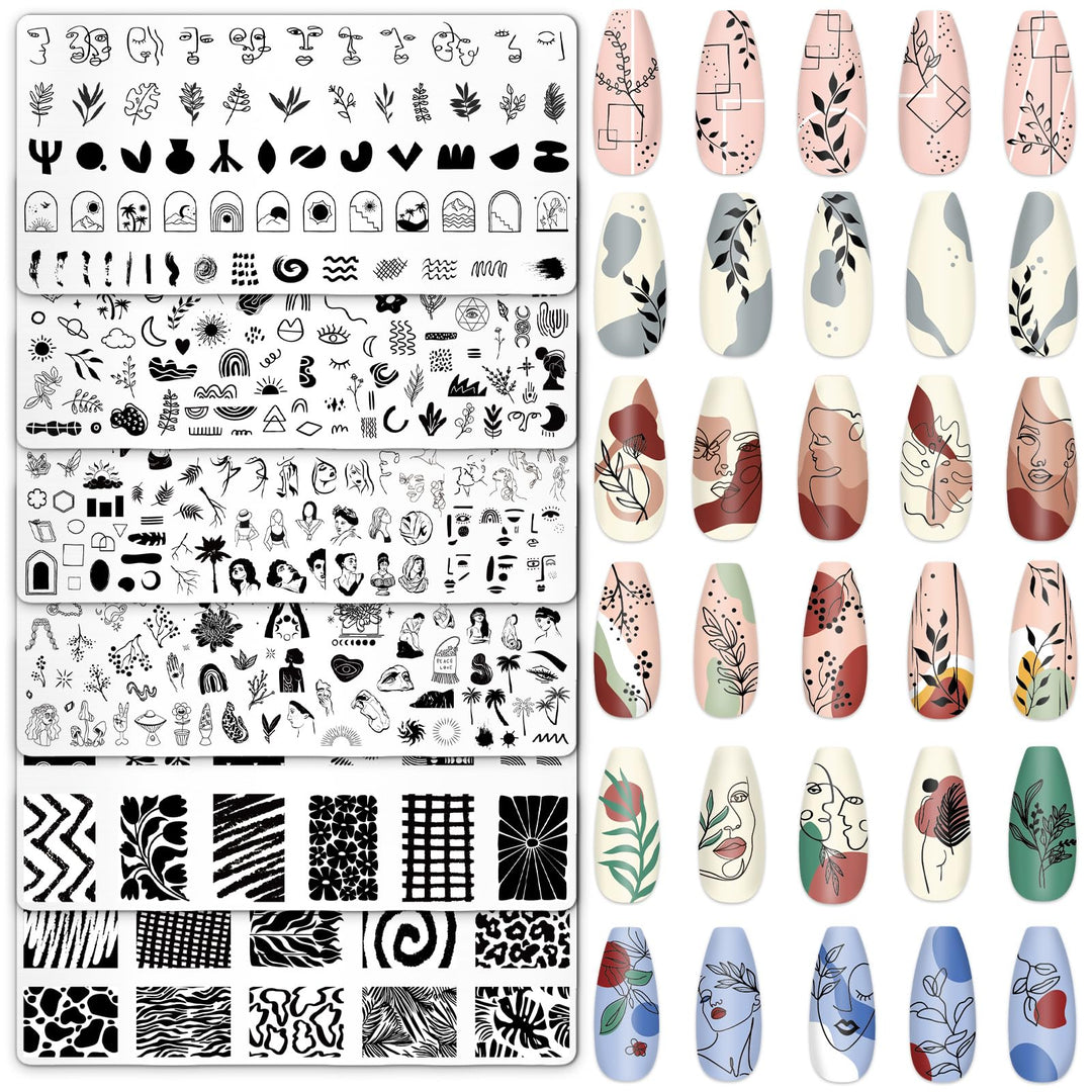 Whaline 6Pcs Abstract Lady Face Nail Plates Stamping Set Boho Plant Stamp Templates Nail Art Plates for DIY Print Manicure Salon Design Gift Supplies