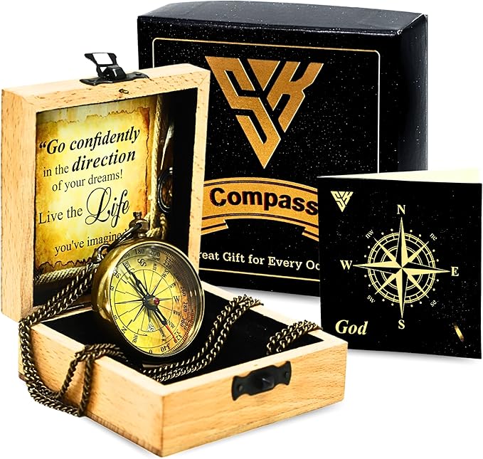 Antique Pocket Compass with Wooden Box for Gift on Birthday Compass Engraved with Inspirational Quotes, Brown Gift for Birthday Anniversary