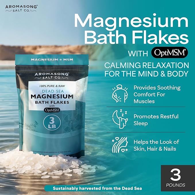 Aromasong RAW Magnesium Flakes + OptiMSM for Soaking 3 LB Resealable Pack - Muscle Relaxing Organic Bath Salts Magnesium Chloride Flakes, Mineral Soak.