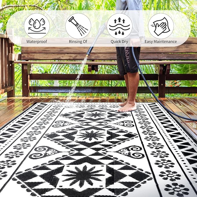 Waterproof Outdoor Rug 6x9ft, Reversible Plastic Straw Mat Rugs for Patio RV Deck Porch Backyard Balcony Camping Picnic Beach Indoor Outdoor Carpet, Black&White