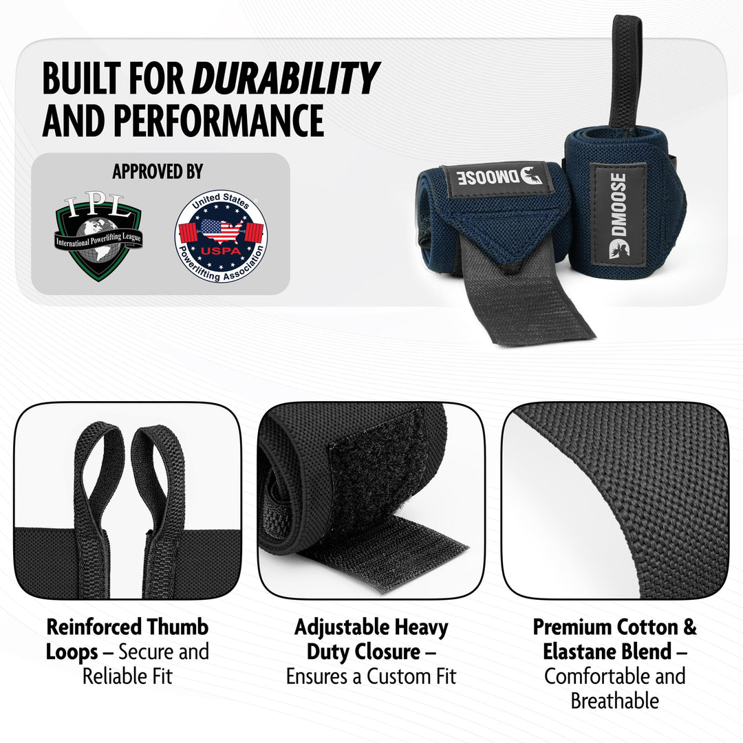 DMoose Wrist Straps for Weightlifting 12 and 18 Inches Thumb Loops with Wrist Support for Workouts Powerlifting Wrist Straps for Weight Lifting Men Women Navy Blue