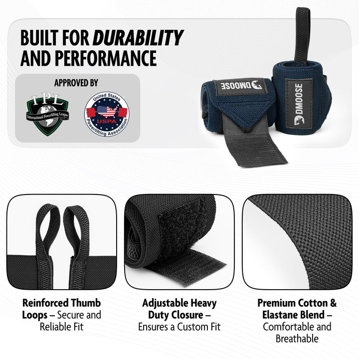 DMoose Wrist Straps for Weightlifting 12 and 18 Inches Thumb Loops with Wrist Support for Workouts Powerlifting Wrist Straps for Weight Lifting Men Women Navy Blue