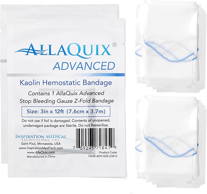 Advanced Kaolin Hemostatic Bandage – Sterile Z-Fold Clotting Gauze (3 in. x 12 ft) | Stops Bleeding Fast for Emergency, Trauma, First Aid, and Survival Kits (2-Pack)