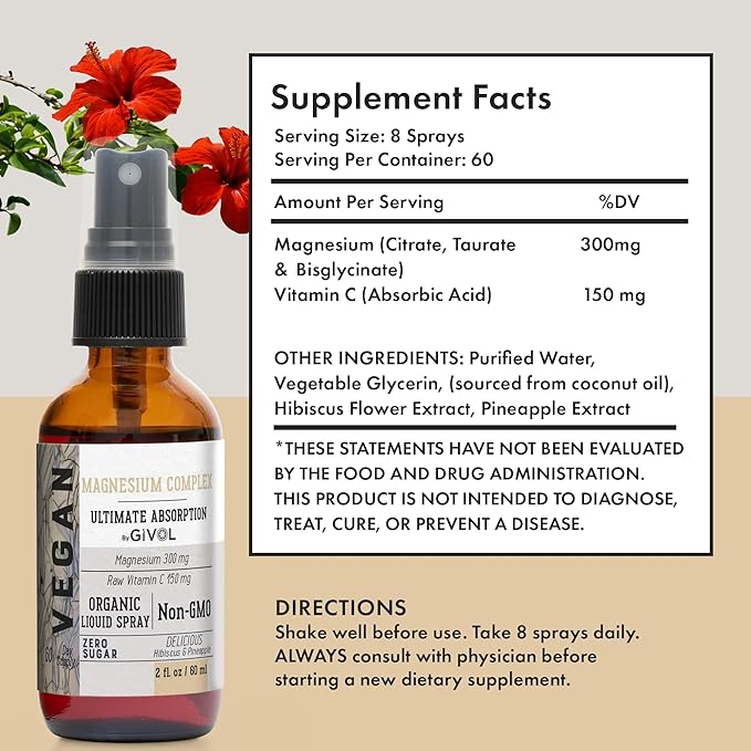 Tri Magnesium Complex - Magnesium Biglycinate, Citrate & Taurate Liquid Spray 300mg w/Raw Vitamin C and Organic ZINC Boost Mist 40mg (Extra Strength) - Sugar Free with VIT C and Elderberry Extract