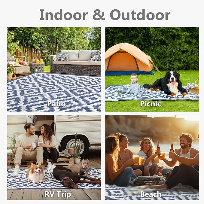 5x8 ft Outdoor Rug Waterproof, Plastic Straw Patio Carpet - UV Resistant Reversible Indoor Outdoor Rugs for Porch, Camping, Poolside, RV, Balcony, Easy to Clean, Blue and White