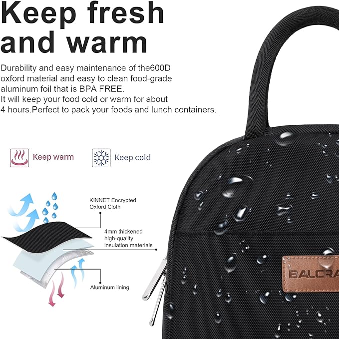 BALORAY Lunch Bag for Women Men Insulated Lunch Box for Adult Reusable Lunch Tote Bag for Work, Picnic or Travel (Solid Black)