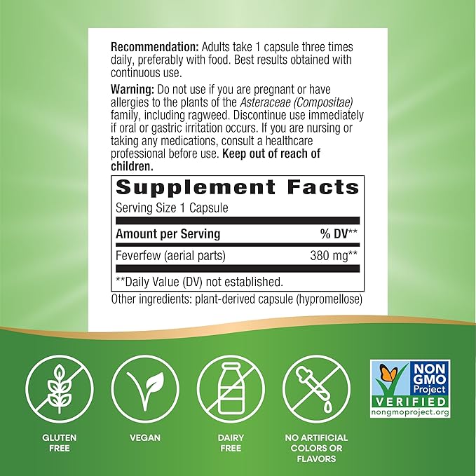 Nature's Way Feverfew Herb, Traditional Support for Blood Vessel Relaxation*, 380 mg per Serving, Non-GMO Project Verified, 180 Vegan Capsules (Packaging May Vary)