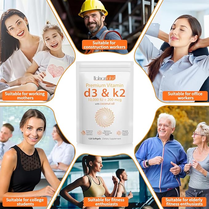 2 Bag Vitamin D3 K2 Supplement Softgel, Vitamin D3 K2 Softgel with 10000 IU Supports Immune, Heart, Teeth & Bone Health, Free of GMO, Gluten, Soy