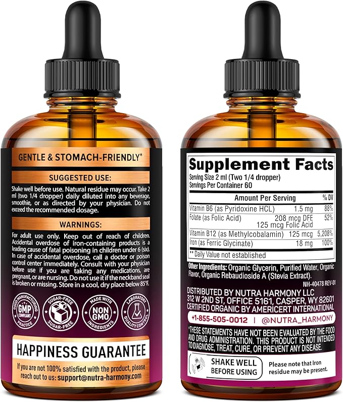 Liquid Iron Supplement for Women 18 mg - USDA Organic Iron Drops - with Folate, Vitamin B12 & B6 - Iron Level & Energy - Gentle & High Absorption Glycinate Form - Cherry Flavor, Sugar-Free - 4 fl oz