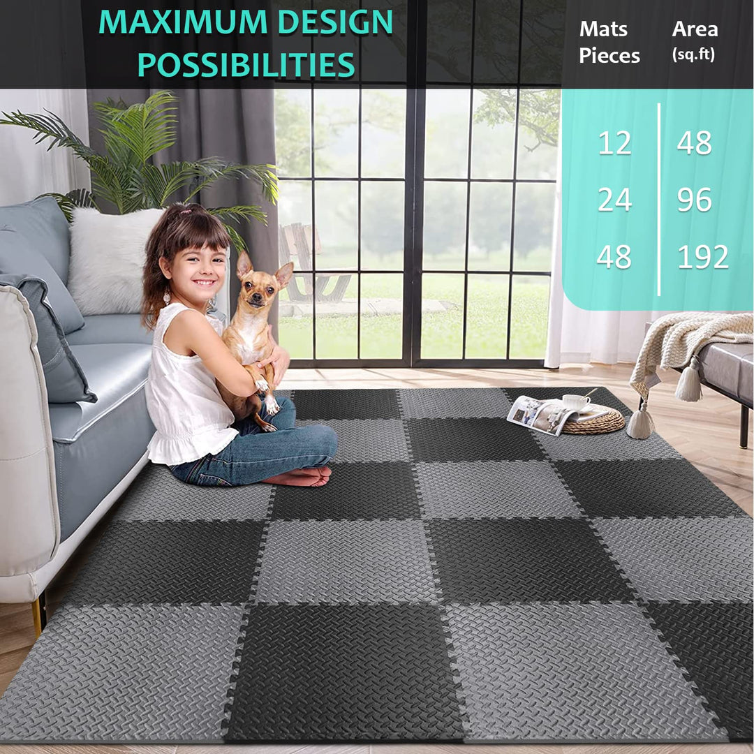 BEAUTYOVO Puzzle Exercise Mat with 12 Tiles Interlocking Foam Gym Mats, 24'' x 24'' EVA Foam Floor Tiles, Protective Flooring Mats Interlocking for Gym Equipment, Gray