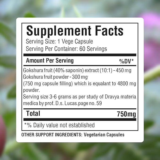 Tribulus Terrestris Gokshura 750mg | 30% Saponins, 60 Vegan Capsules | Ayurvedic Supplement for Vitality, Energy, Stamina & Wellness Support