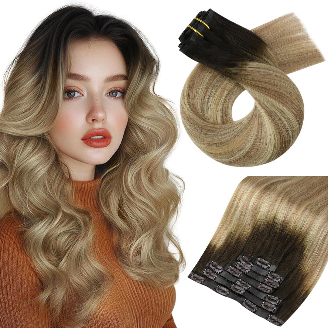 Moresoo Seamless Clip In Hair Extensions Human Hair Balayage Seamless Hair Extensions Clip Ins Ombre Brown To Light Brown With B