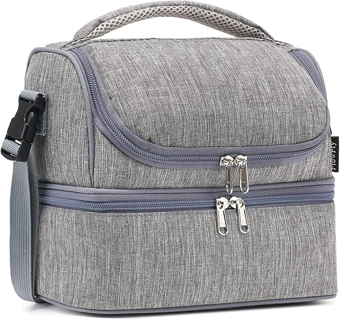 FlowFly Double Decker Cooler Insulated Lunch Bag Large Tote for Boys, Girls, Men, Women, With Adjustable Strap (Grey)