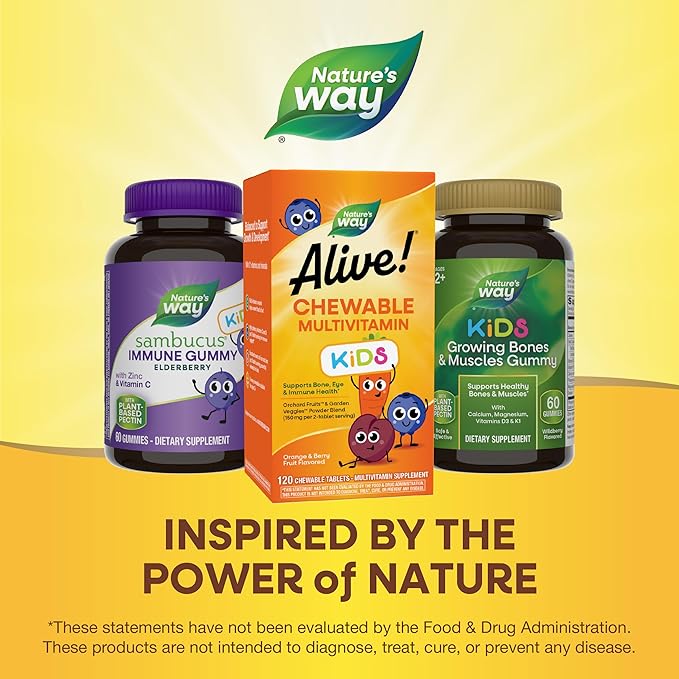 Nature's Way Alive! Children's Daily Chewable Multivitamin, Supports Bone, Eye, and Immune Health*, Orange & Berry Fruit Flavored, Gluten Free, 120 Chewable Tablets (Packaging May Vary)
