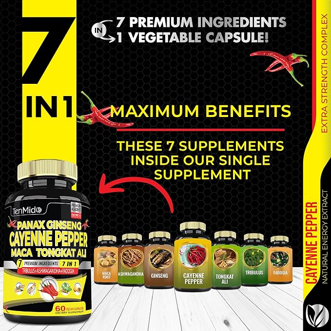 2 Packs 60 Caps of Cayenne Pepper Supplements Extract Capsules with Tongkat Ali, Ginseng, Tribulus, Ashwagandha, Maca, Fadogia - 4 Month Supply