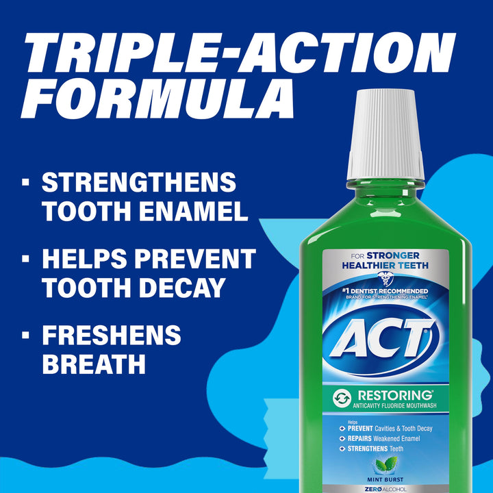 ACT Restoring Zero Alcohol Fluoride Mouthwash 33.8 fl. oz. Strengthens Tooth Enamel, Mint Burst