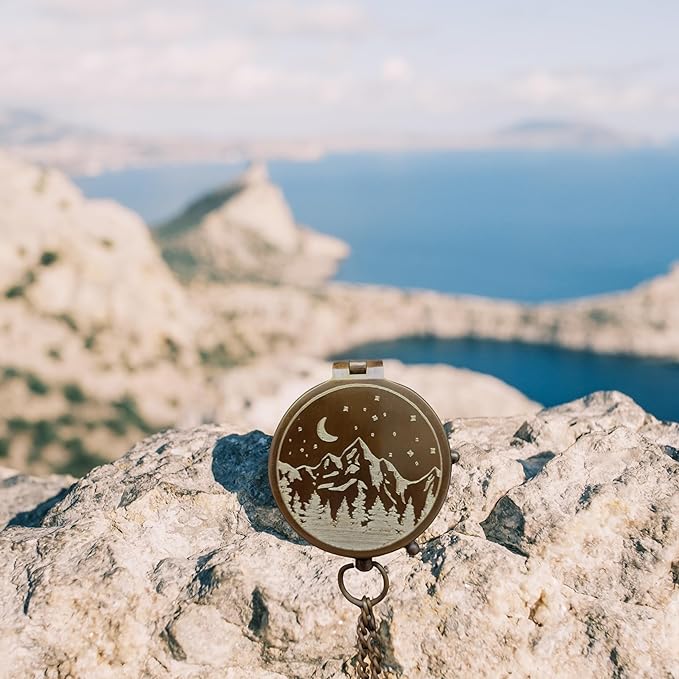 Antique Brass Compass with Leather Case - Mountains & Roads Engraved Pocket Compass for Men - Genuine Leather Pouch Stamped with 'For Your Adventures' - Vintage Gift for Husband, Father & Son