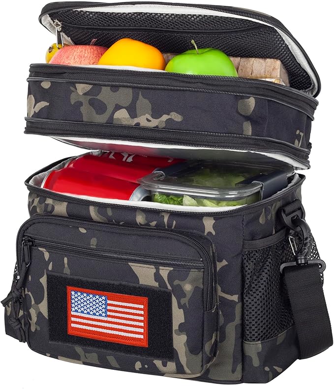 ATRIPACK Lunch Bag for Men, Double Deck Tactical Lunch Box Work with Shoulder Strap MOLLE Webbing Large Lunch Cooler Leakproof Insulated （Camo-Black）
