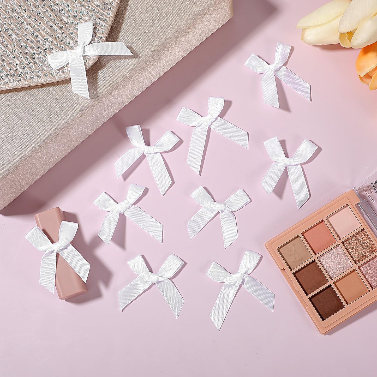 100 PCS White Bow, Mini White Bows Premade Bows, Small Satin Ribbon Bow, Cute Soft Bowknot Sewing Accessories for Flowers Bakery Wrapping Christmas Wedding Birthday Party Decoration