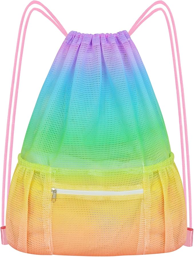 Mesh Drawstring Backpack, Large Sports Gym Bag for Women Kids with Pocket and Zipper Sackpack for Beach Yoga Football Soccer (Colorful)