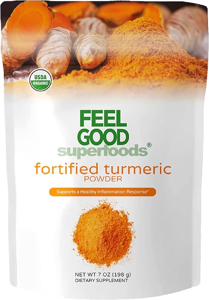 Feelgood Organic Superfoods Fortified Turmeric Powder with Curcumin and Black Pepper, 95% Curcuminoids, Vegan, Gluten Free, Non-GMO, Pure Ground Turmeric Root from India, 7 oz